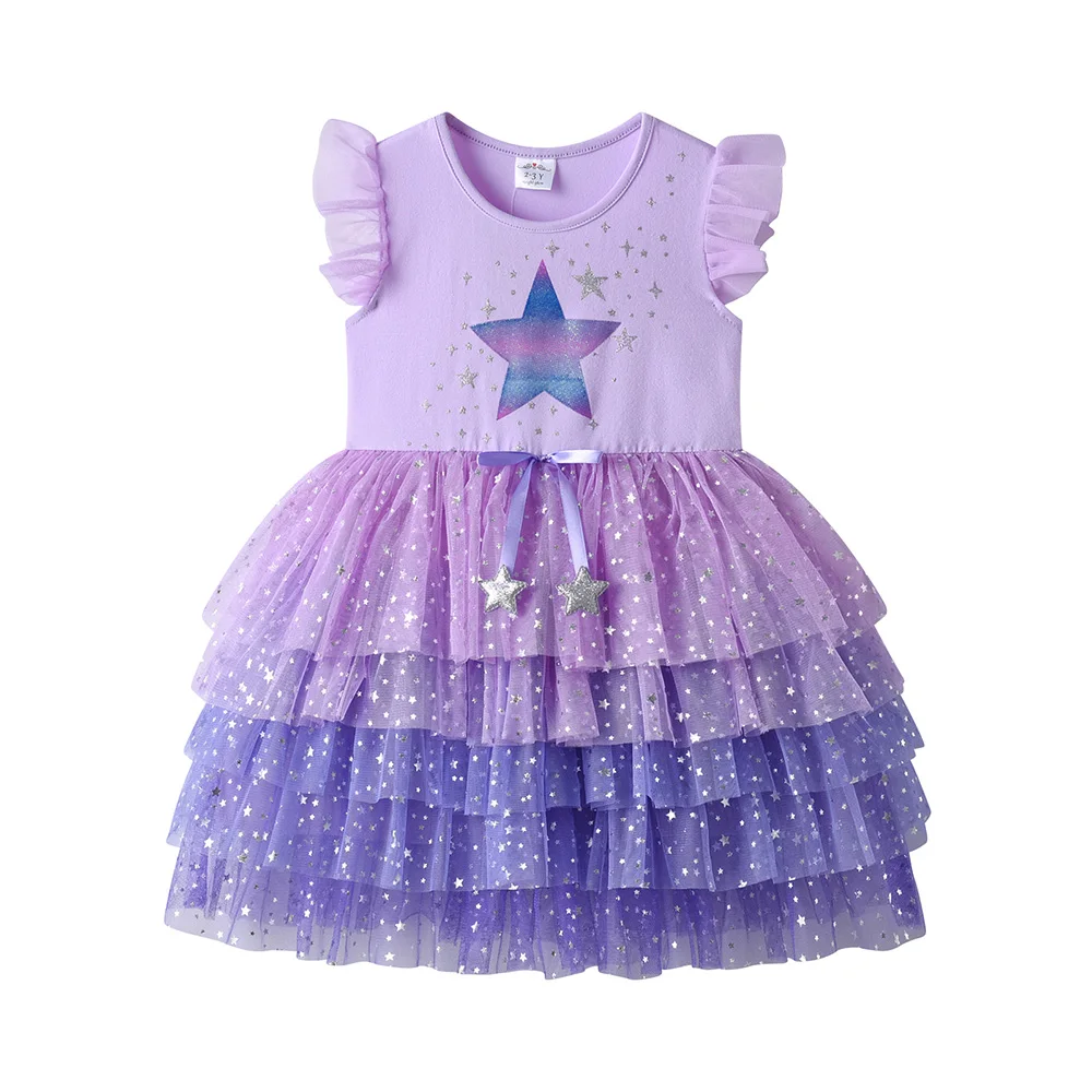 VIKITA Kleinkinder-Kleid mit glitzerndem Sternenmuster, Kinderkleid, lavendellila, Ombre-Tüll, Netzstoff, Rüschenärmel, Sommer, lässig, Party, Prinzessinnenkleid – Detail 3