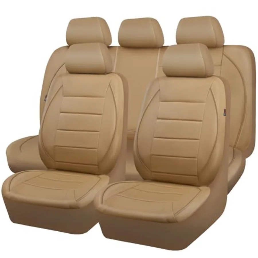 

Beige with Tan Piping-Stripe Universal FIT Car Seat Cover with Composite Sponge Inside Airbag Compatible Reserved Opening Holes