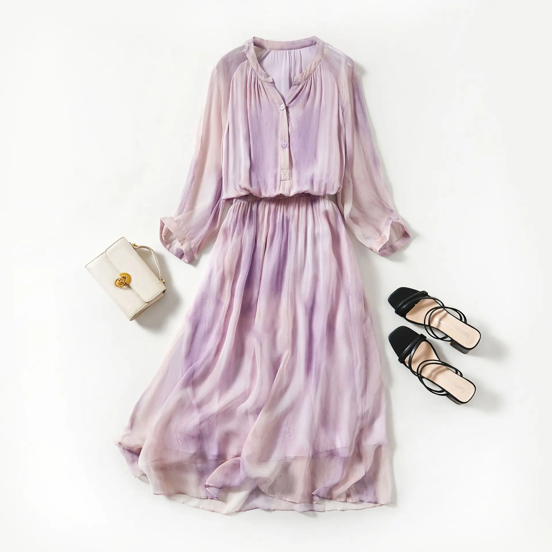 

Mulberry silk dress, half-open collar, three-quarter sleeve, elastic waist, bodycon dress, mulberry silk midi dresses 81013