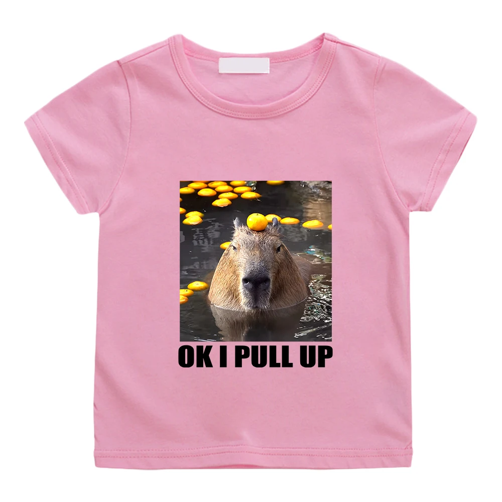 OK I PULL UP Capybara Cute Print Tee-shirt Short Sleeve 100% Cotton Children T-shirt Kawaii Cartoon Graphic Printing Tshirt Soft