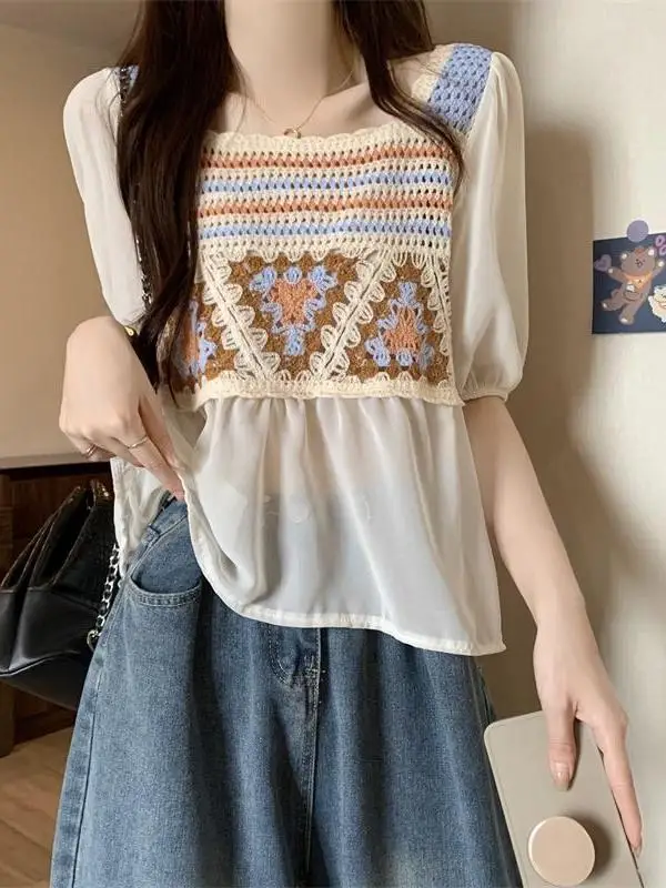 Korean Version Design With Hook Flower Hollowed Out Knitted Women's Summer 2024 New Patchwork Chiffon Short Sleeved Top FT6O