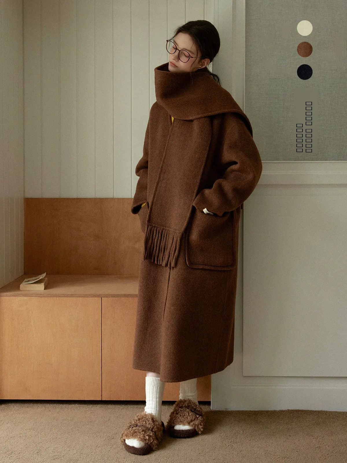 

Двустороннее шерстяное пальто Ele с воротником-шарфом для женщин, модное, для повседневной носки, длинное, V-образный вырез, зимняя верхняя одежда