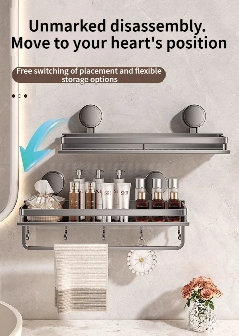 Kein Bohren, Saugnapf, selbstklebendes Badezimmerregal, Badezimmerregal, Toilette, Aluminium-Hängeregal, Badezimmer-Organizer, zum Aufhängen an der Wand – Detail 10