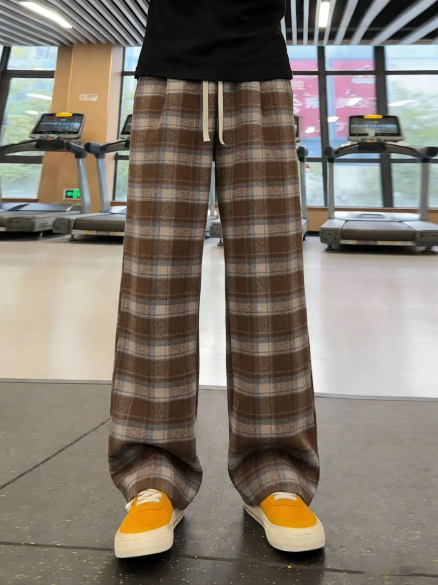 

Brown Plaid Thiened Fce Men's Winter Wide Leg Pants Straight Casual Sweatpants Loose Comfortable Trousers