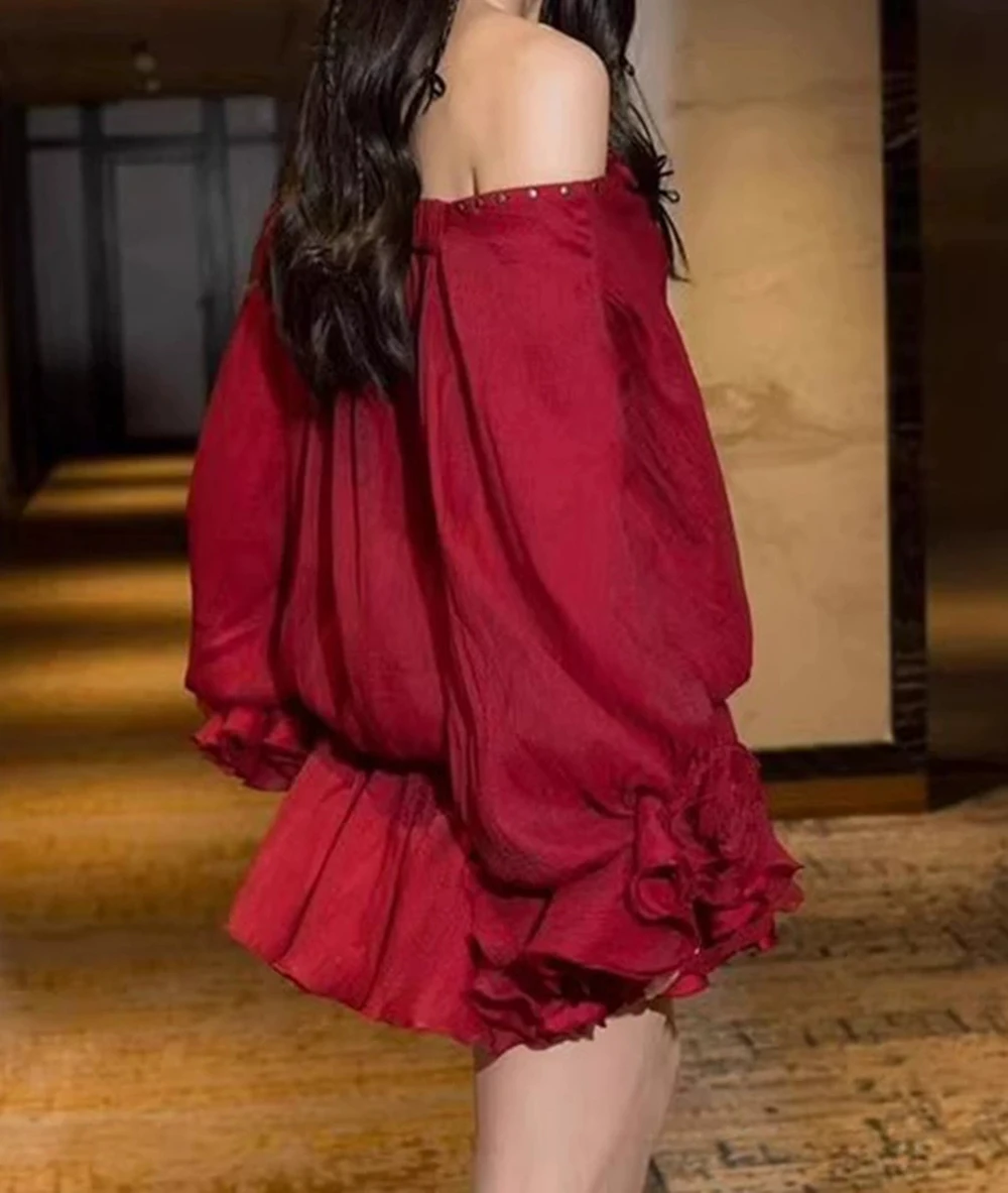 

Temperament beautiful short skirt 2025 summer new one-shoulder strap stitching ruffle flower dress-GZXX951