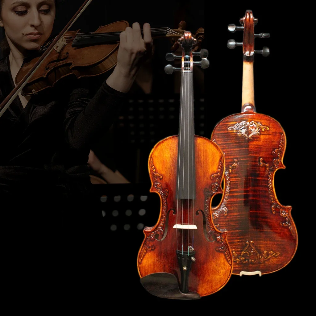 Full Size Violin Carved Pattern Strad Style Fiddle Handmade Craft Baroque 4/4 Violin W/ Bow Bridge Strings Case Rich Tone SET