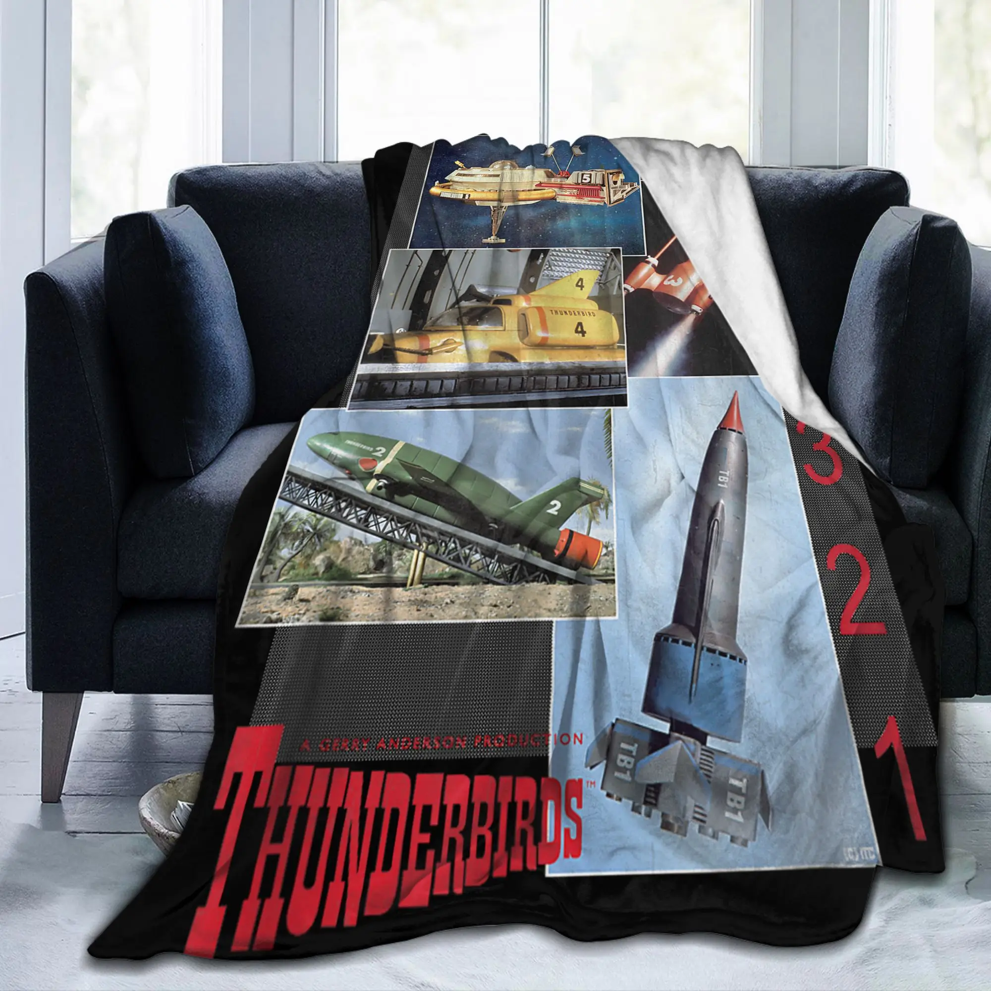 Thunderbirds 1-5 Retro Montage Plush Blankets Cartoon Fashion Throw Blankets for Home Hotel Sofa 150*125cm Soft