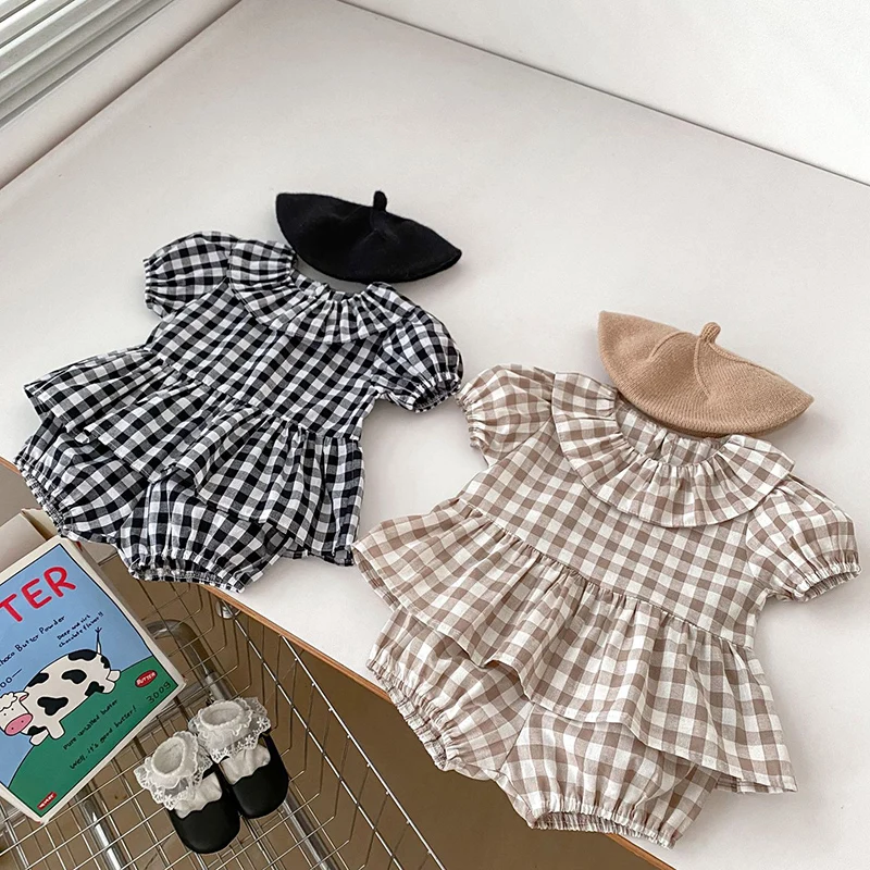 2024 New Summer Infant Baby Girls Clothing Set Short Sleeved Cotton Lattice Shirt+Shorts Toddler Baby Girl Clothes Suit