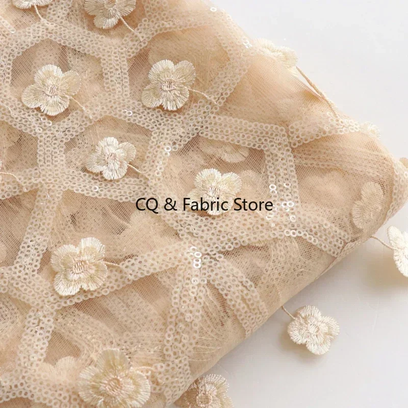 Apricot 3D Small Floral Embroidery, Sequin Mesh Fabric Handmade DIY Wedding and Evening Dress Designer Fabric By The Yard