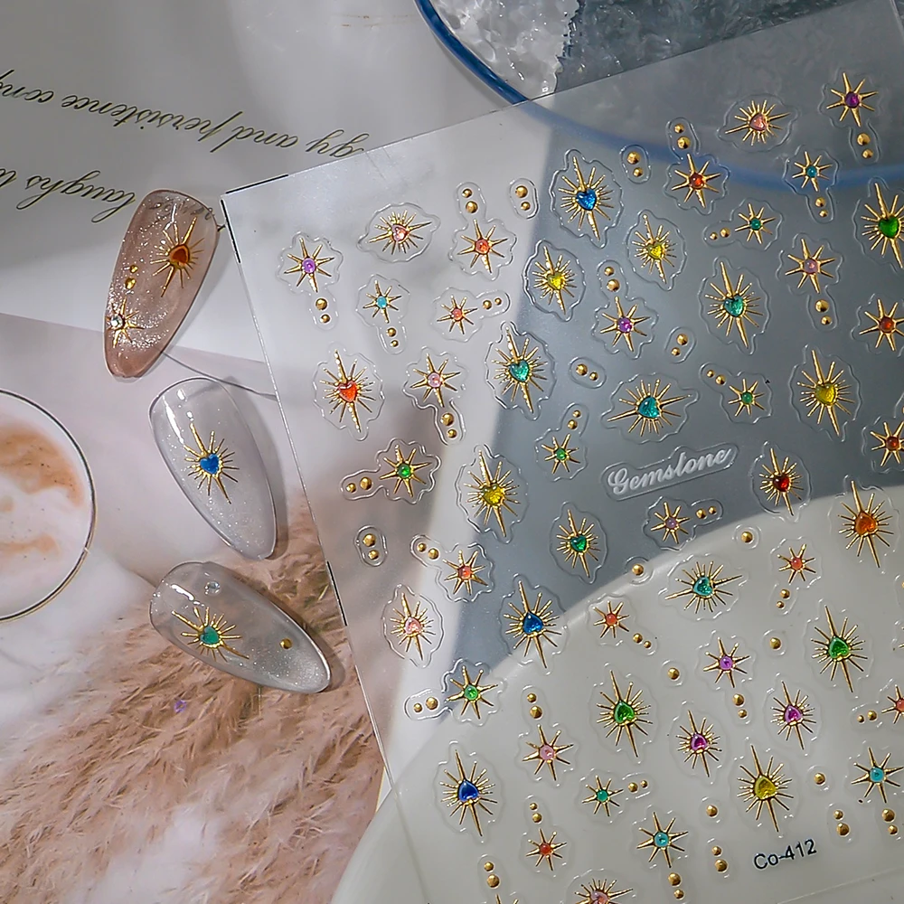 1Pc 골드 스탬핑 멀티 컬러 지르콘 하트 모양의 하이 엔드 장식 5d 릴리프 맞춤형 여성 네일 장난감 스티커