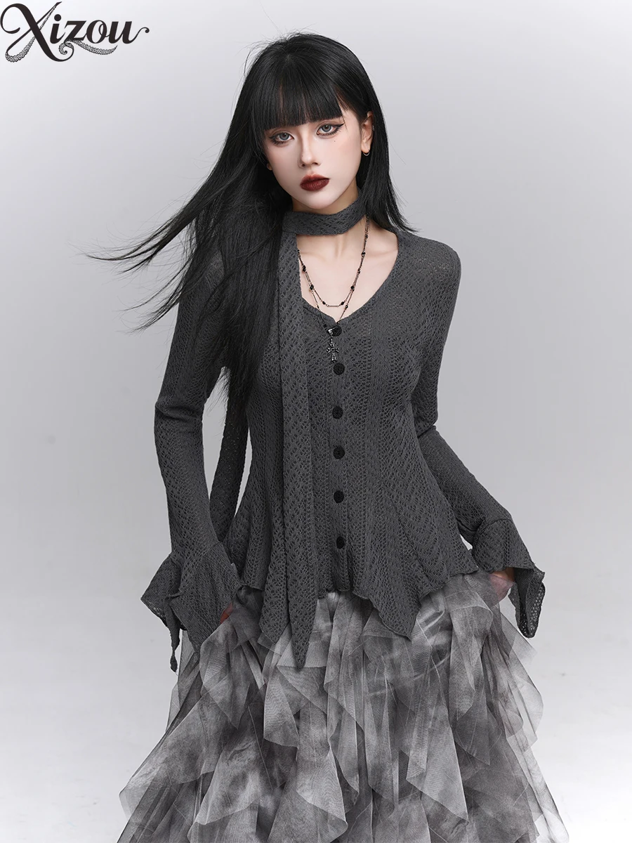 

Girl V Neck Long Sleeve Knitted Sweater Top for Women 2025 New Punk Y2k Style Spring Autumn Women's Knitting Cardigan
