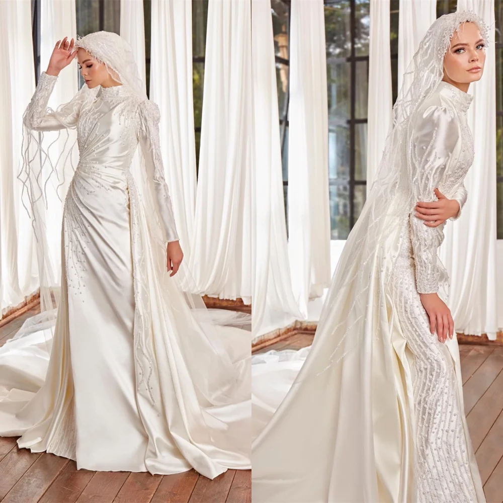 

Customized High Quality White Satin Wedding Dress Sexy High Neckline Long Sleeves Chapel Train Pearls A-Line Bridal Gowns