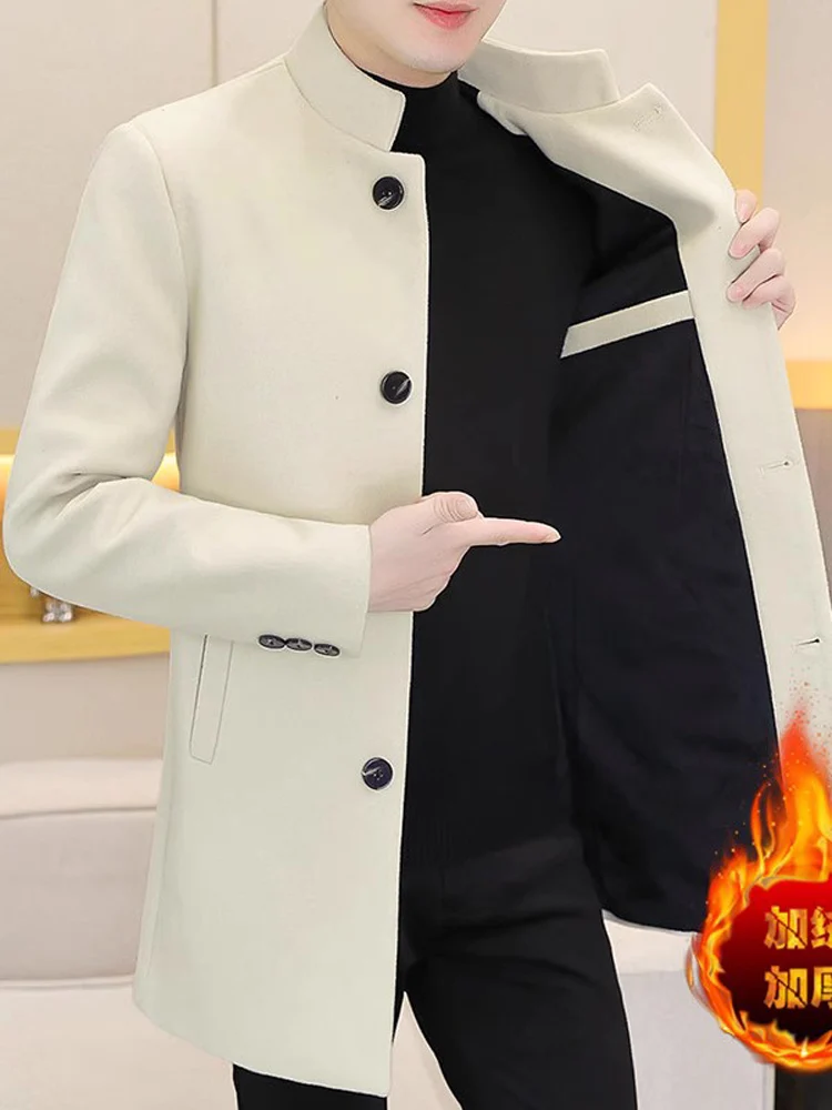 

Мужское зимнее шерстяное пальто с воротником-стойкой средней длины на подкладке Thi Pure Color Jaet Angzhong Sle Barbera шерстяное пальто