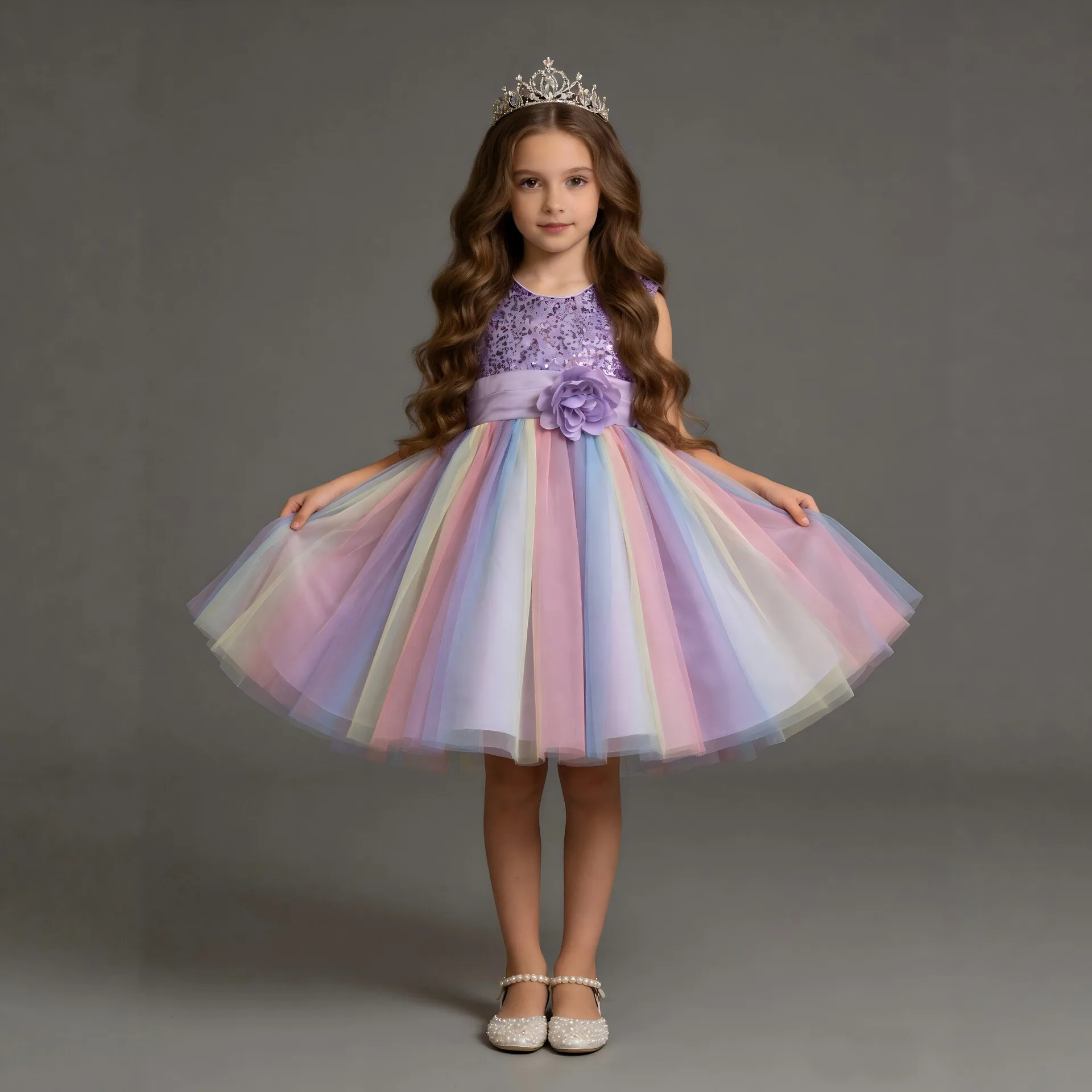 

Kids Princess Gown Girls Fluffy Tutu Dress Rainbow Tulle Sequined Dress Stage Performance Costume for Birthday Party Show