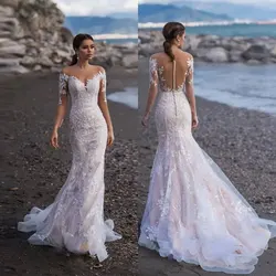 Vestidos de novia con apliques de encaje de sirena para playa, traje de novia con cola de barrido, verano, 2024