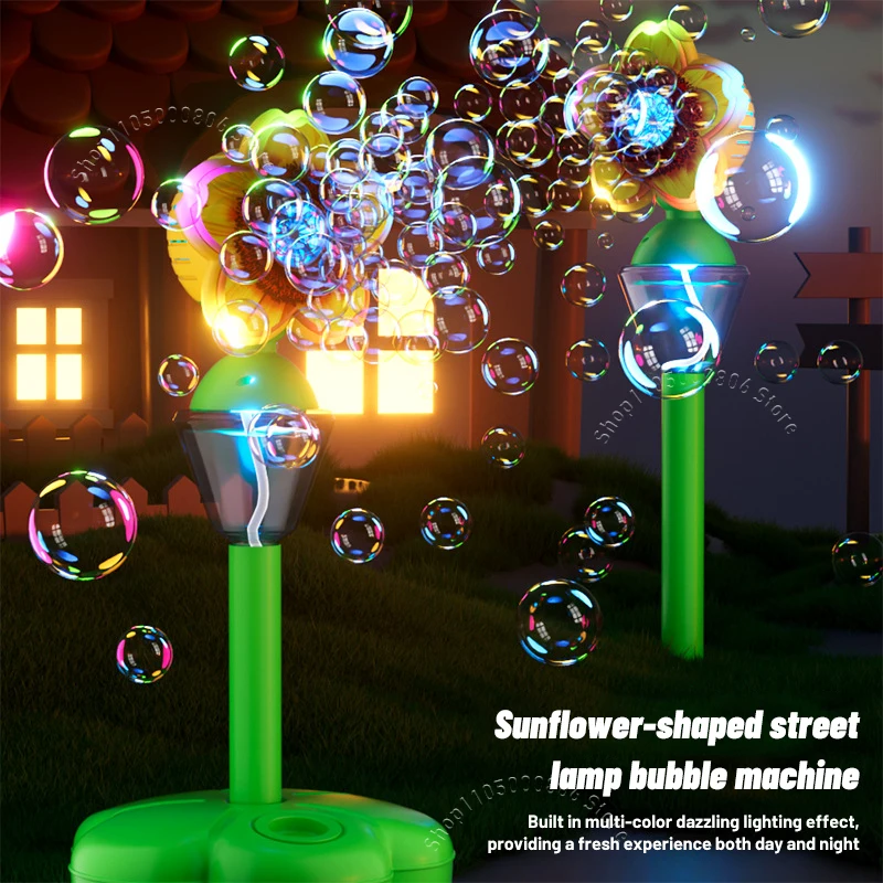 Electric Sunflower Bubble Machine For Children Outdoor Use Fully Automatic With Adjustable Height And Light-Up Bubble Flowers