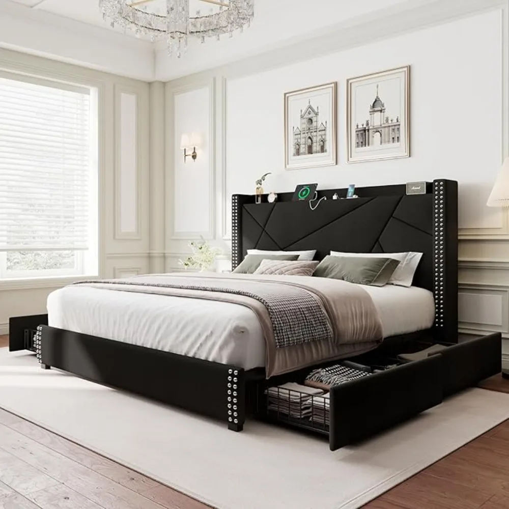 Storage Bed Frame with 4 Drawers, Upholstered Bed Frame with Minimalist Wingback Headboard and Charging Station, No Box