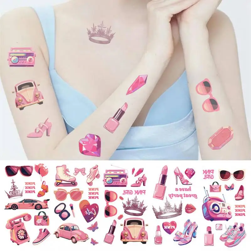 Temporária Pink Party Tattoo Sticker, Girl Theme Party Decoration, à prova d'água Pink Glasses Shoe, Birthday Party, 10Pcs