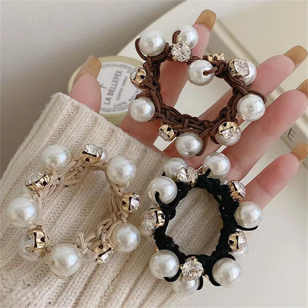 Elegant Pearl Hair Ring for Women Black Velvet Pearl Intestine Headwear Glitter Rhinestone for Girl Hair Accessories