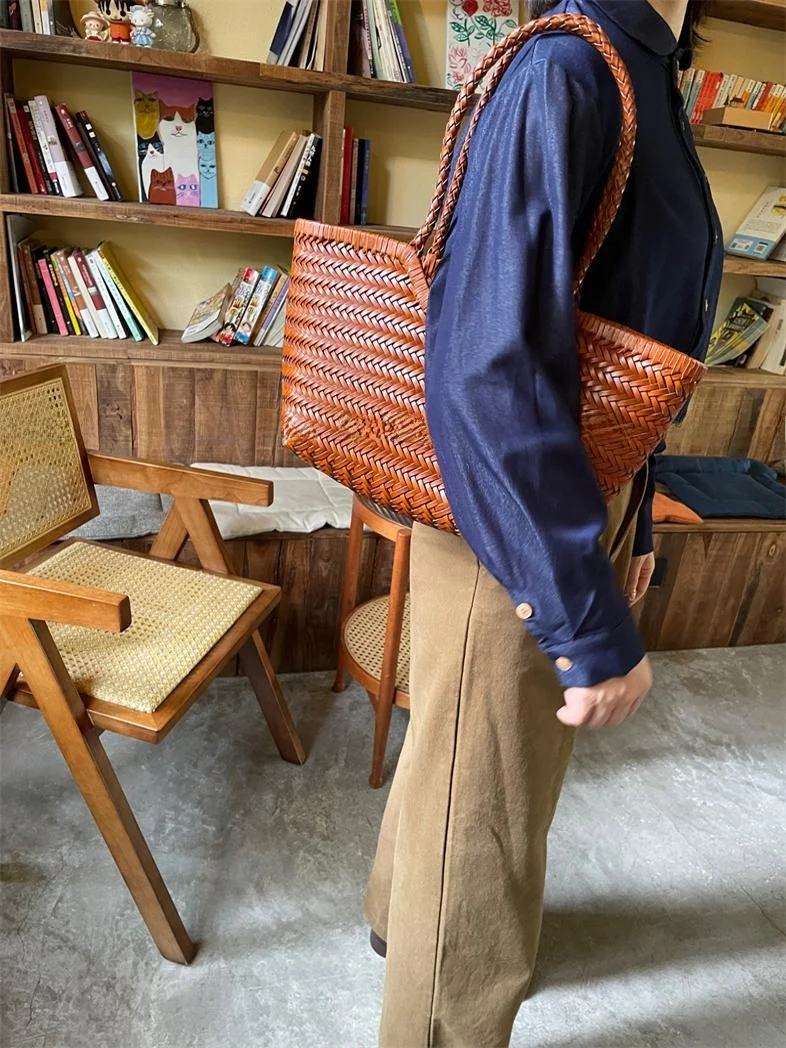 

Handwoven Pure Leather Tote Bag Women's Handbag Lazy Basket Large Capaci Single oulder Bag Casual Sle Soft Handle