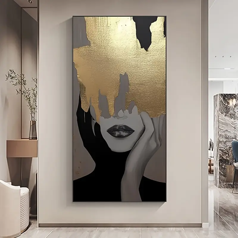 Abstract Poster Woman with Gold Foil Covering Her Face Canvas Print Entrance Painting Wall Art for Living Room Modern Home Decor