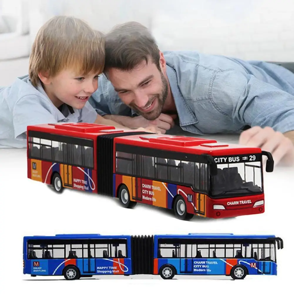 1:64 Mini Alloy Lengthen Double Section Bus Model Diecast Vehicle Pull Back Car With Sound Light Express Bus Kids Toys Gifts