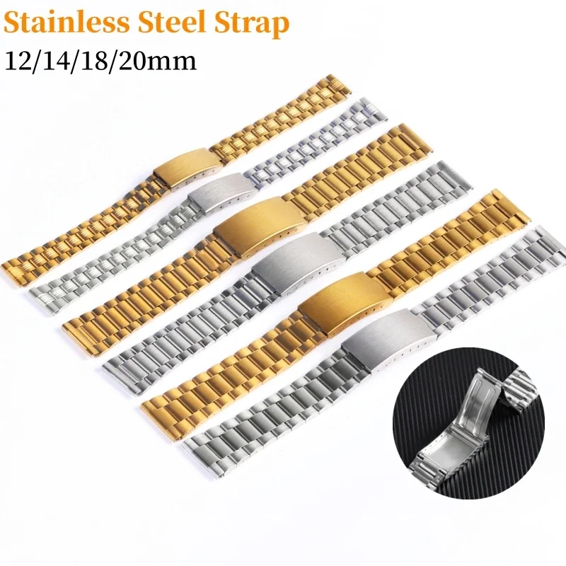 Edelstahl-Uhrenarmband, 12 mm, 14 mm, 18 mm, 20 mm, Metallarmband, Faltschließe, Silber, Gold, Faltschließe, Gürtel, Universal-Armband