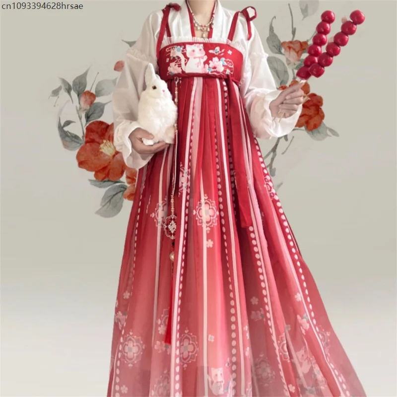 

Chinese Hanfu Dress Women Traditional Vintage Cat Print Floral Hanfu Cosplay Costume Elegant Stage Dance Dress Hanfu Robe Sets