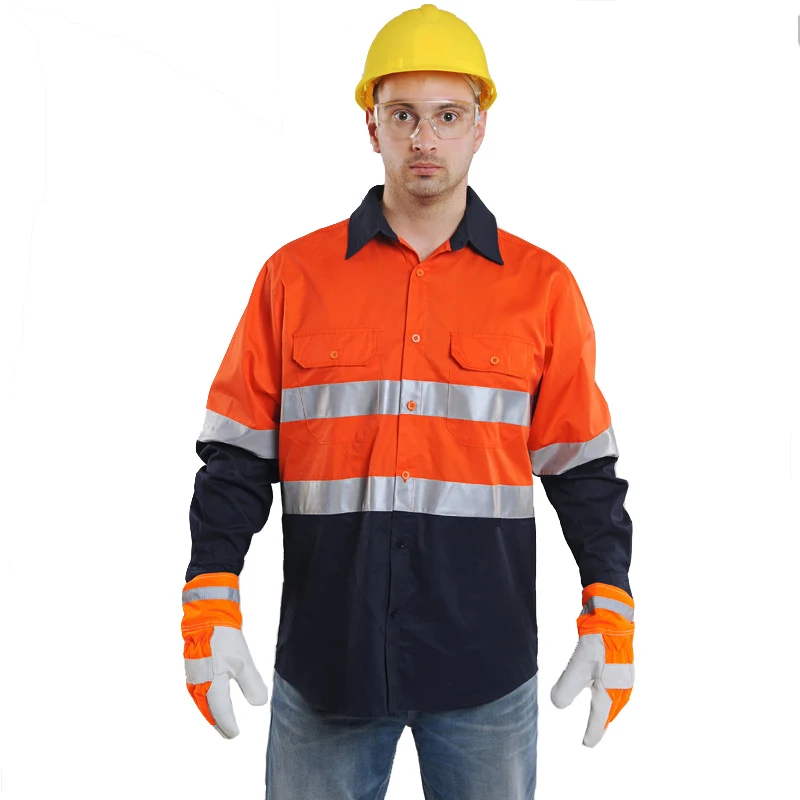 Camisa de trabajo de seguridad de dos tonos, ropa reflectante de trabajo, 100% algodón, naranja, azul marino, camisas de seguridad con cintas Hi Vis