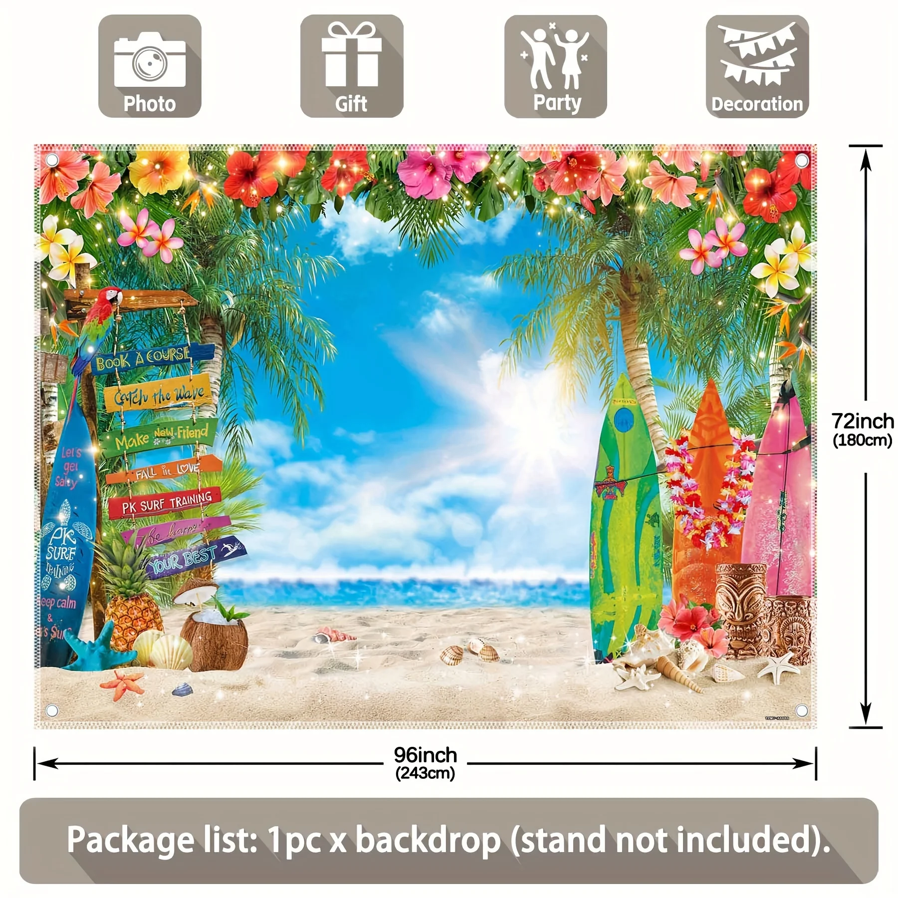 Summer Hawaii Beach Polyester Photography Background, Tropical Flower Surfboard Palm Leaf Background