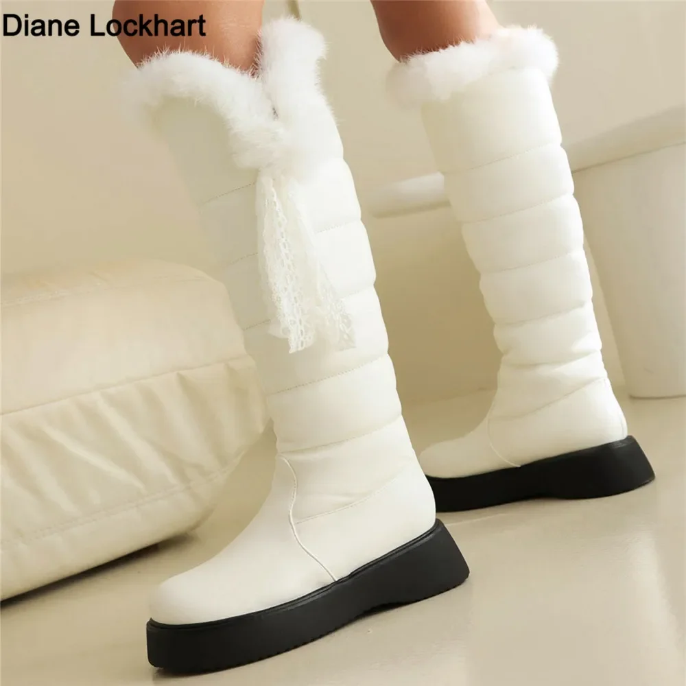 Winter Warm White Fur Snow Boots Women Shoes 2024 Low Heels Knee High Boots Female Platform Plush Long Boats Mujer Black 35-44