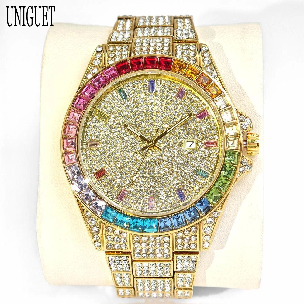 

Top Luxury Rainbow Ice Diamond Waterproof Watch For Men 2025 Fashion Hip Hop Mens Quartz Wristwatches Sparkling Jewelry Gift Hot