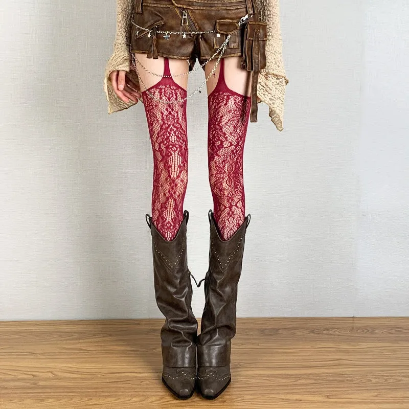 New Color Purple Tights Women Sexy Fishnet Flower Mesh Stockings with Garters Hollow Out Thigh High Socks Japanese JK Pantyhose
