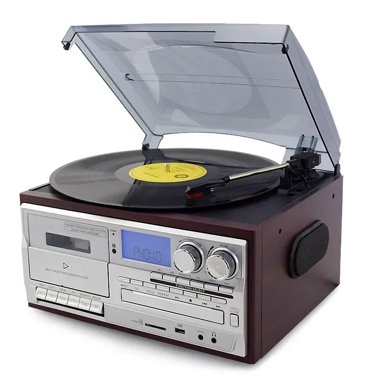 Vendita calda Full Size giradischi con ritorno automatico giradischi in vinile grammofono con cassetta, riproduzione e registrazione USB SD e CD, Radio FM/AM