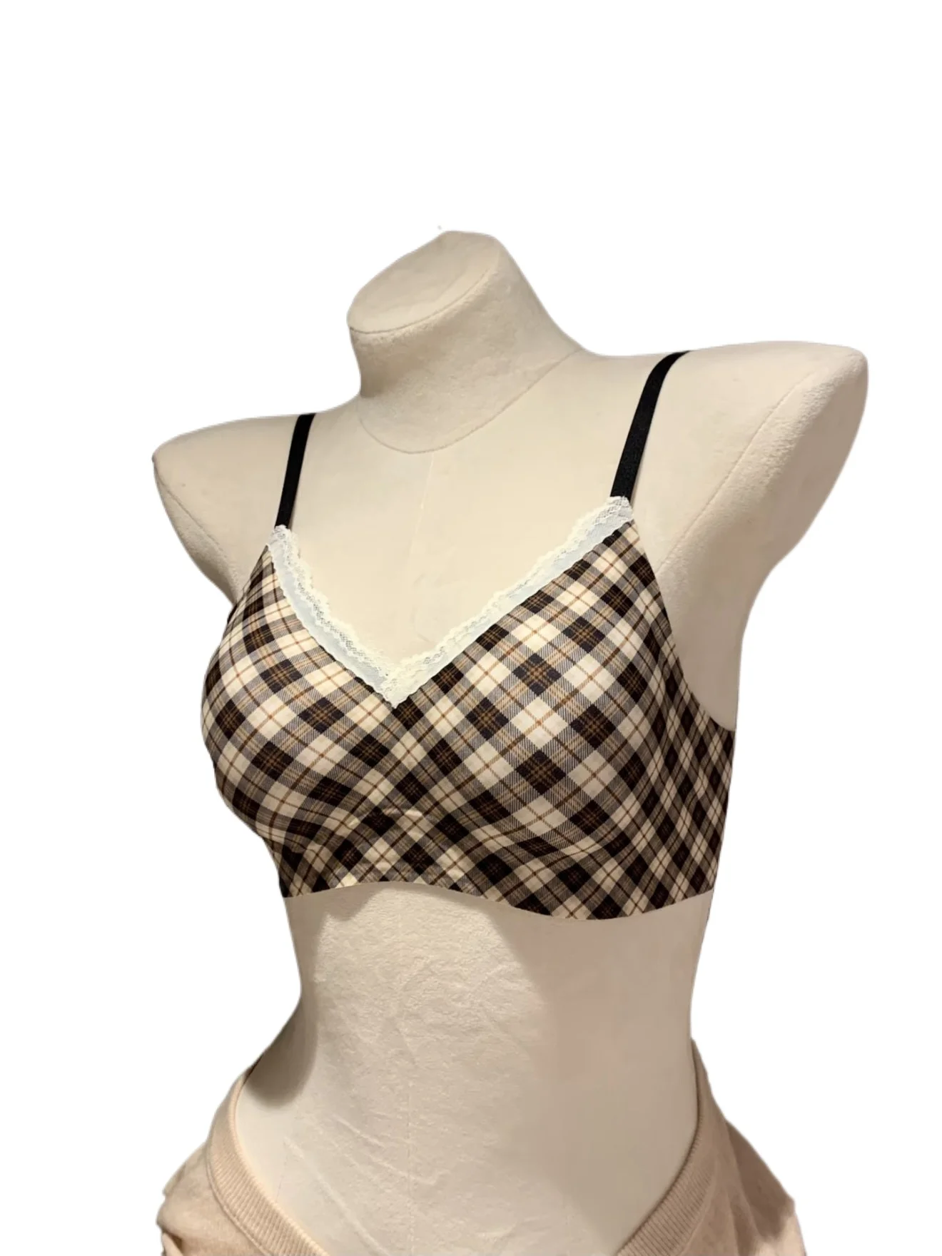 

Women's Seamless Retro Plaid Bra, Thin Wireless, Push-Up for Small Busts, Lift & Anti-Sagging, Side Support, Comfortable Bra