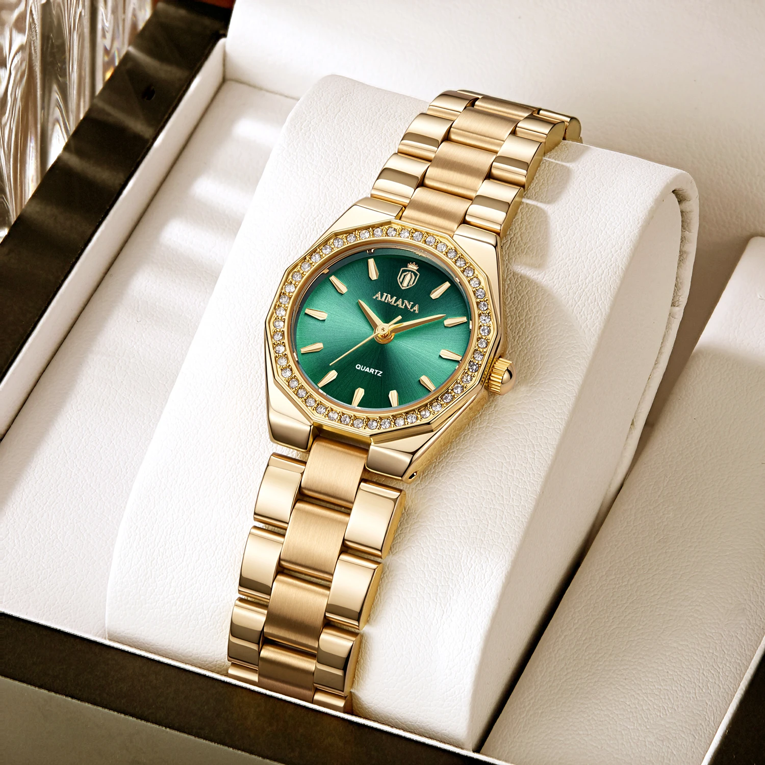 AIMANA Luxury Ladies Gold Watch Green Dial Crystal Bezel Quartz Stainless Steel Strap Elegant Dress Wristwatch for Women