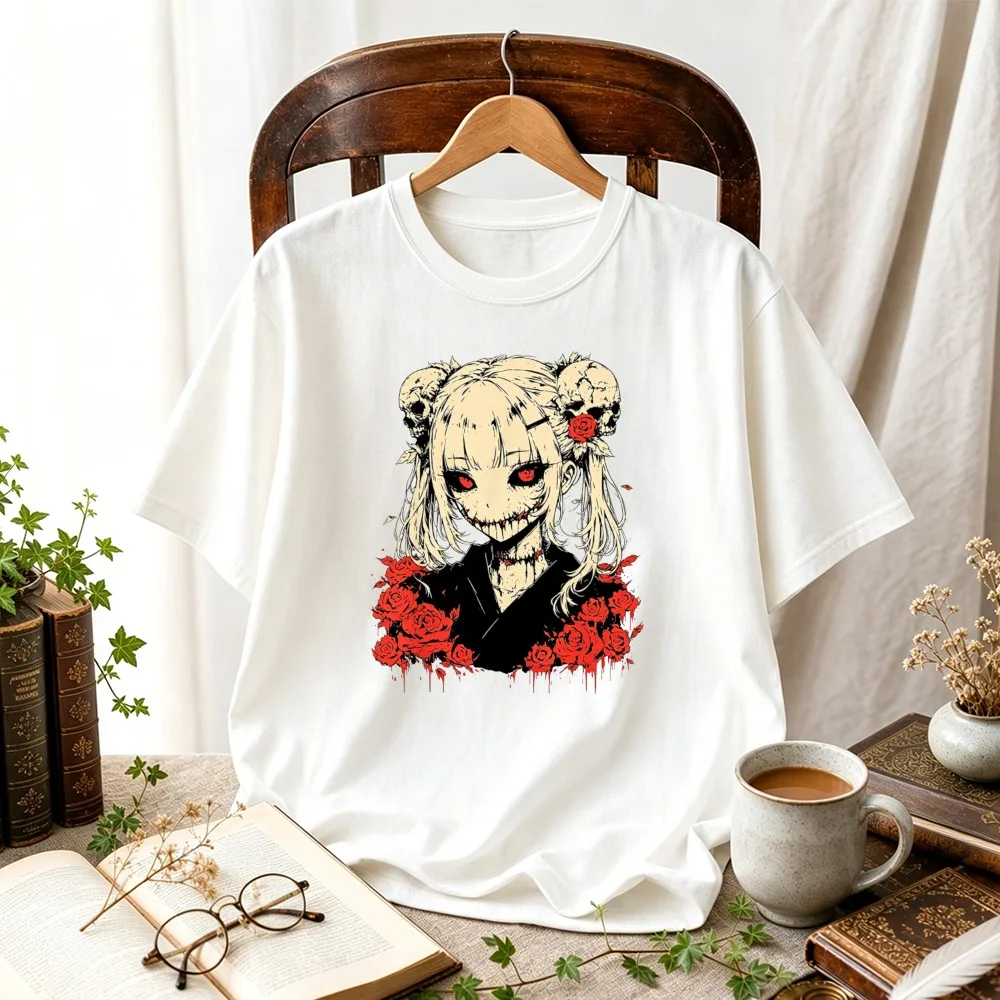 Gothic Anime Girl Red Rose Skull T Shirt Horror Dark Aesthetic Harajuku Streetwear Unisex Crew Neck Short Sleeve Cotton Tops Tee