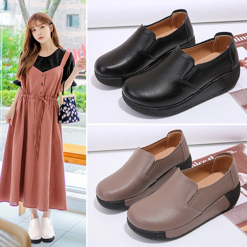 

Туфли для мам из воловьей кожи большого размера, противоскользящие тапочки на платформе на толстой подошве, маленькая рабочая женская обувь из мягкой кожи на мягкой подошве