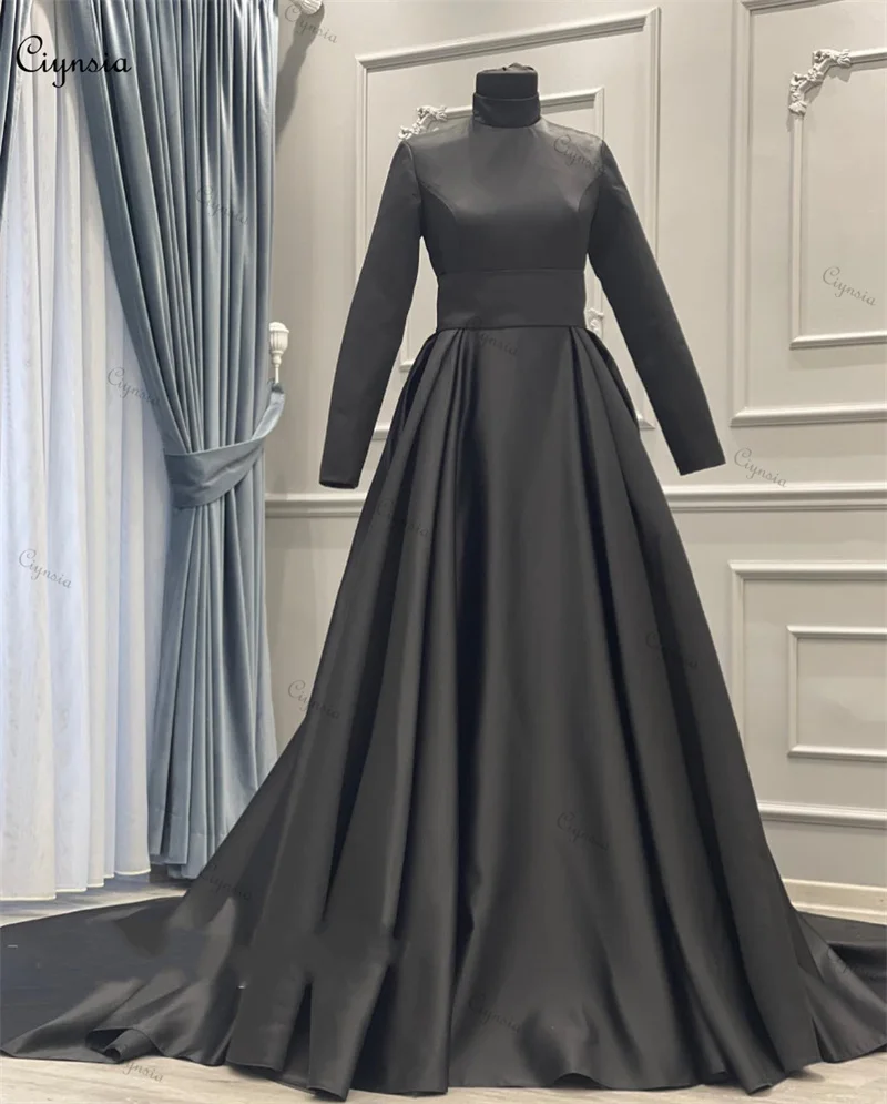 Ciynsia-vestido De novia árabe musulmán De Dubái, traje De novia De manga larga, Hijab, cuello alto, satén, color negro, 2024