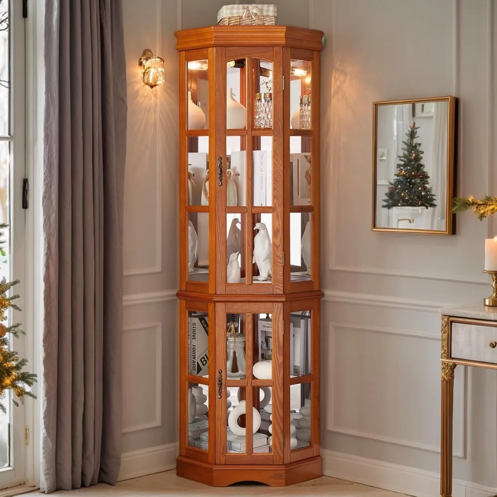 

Corner Curio Cabinet, 70.5" H Wooden Display Cabinet with Tempered Glass Doors & Adjustable Shelves, for Living Room Storage(E26