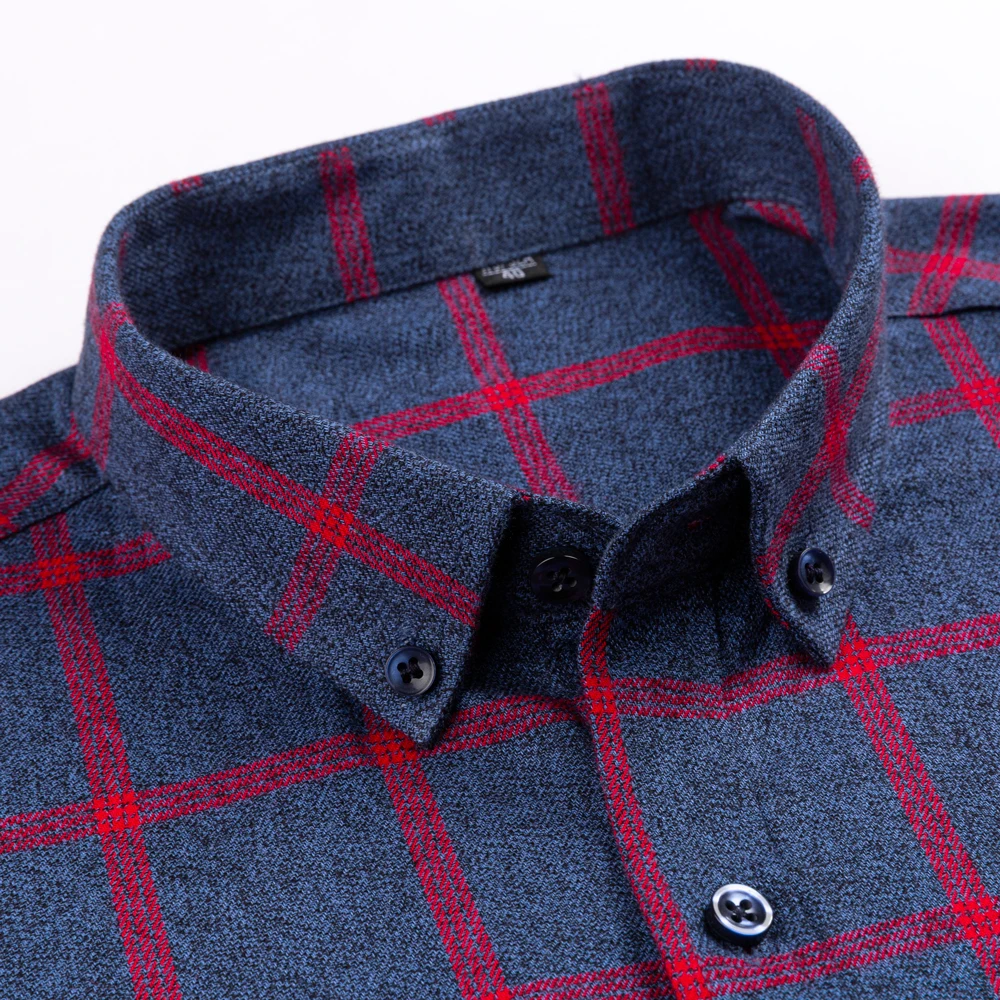 Men's Thick Pure Cotton Brushed Plaid Long Sleeve Shirt with Left Chest Pocket - Autumn Winter Casual Comfort Button Down Shirts