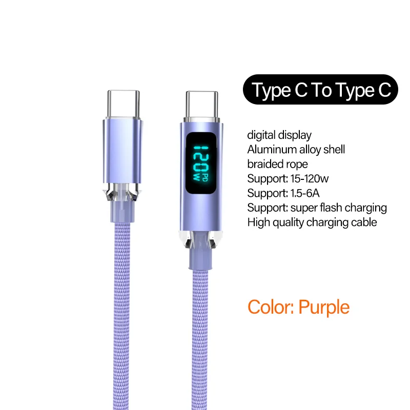 120W USB Type C Cable To Type C 6A Fast Charging Charger For OPPO Realme Huawei Poco Samsung iPhone 15 16 17 Display Cable