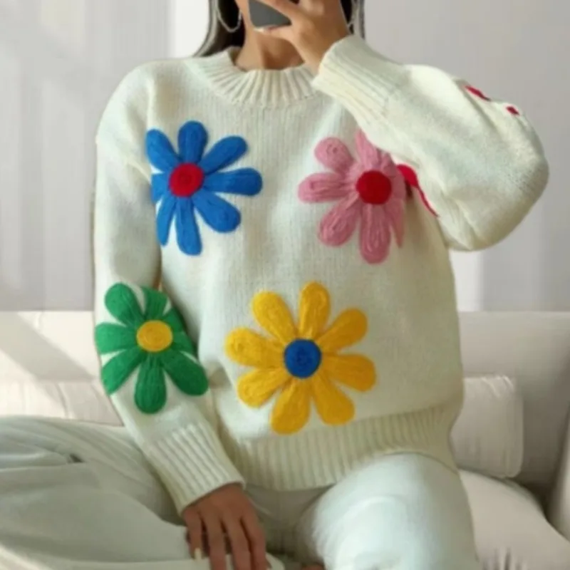 Colorful Flower Thicken Cute Style Sweater Coat Sweet Fresh Female Clothes Autumn New Fashion Women\'s Long Sleeve Knitted Top