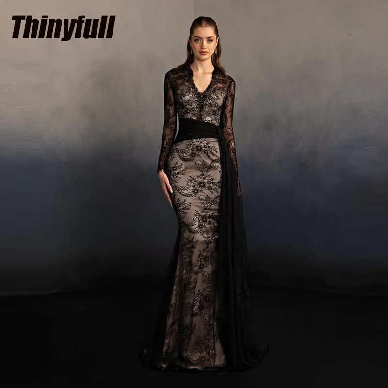 

Thinyfull Mermaid Lace Long Prom Dresses V-neck Full Sleeves Evening Party Gown Special Dress Robe De Soirée Customized ﻿