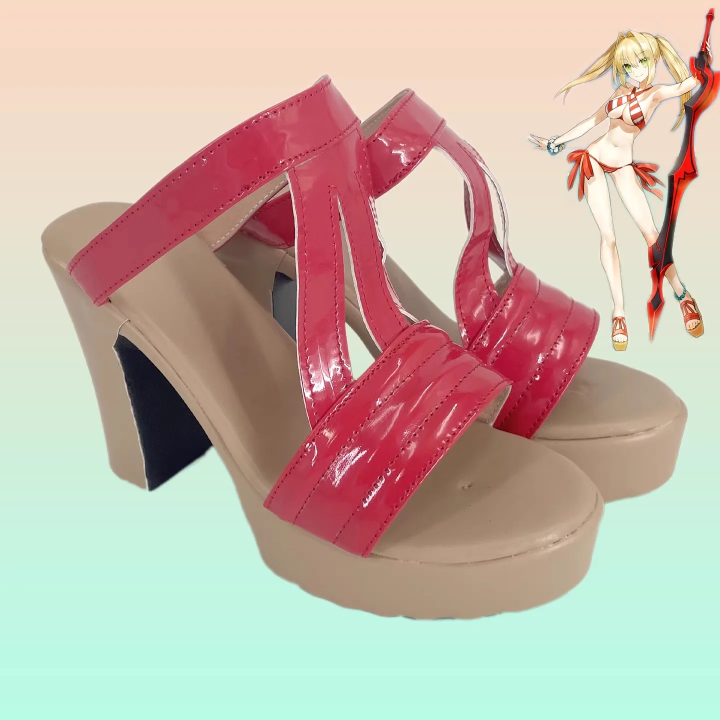 

FGO Nero Saber Bride Cosplay Costume Shoes Handmade Faux Leather Red High Heeled Sandals