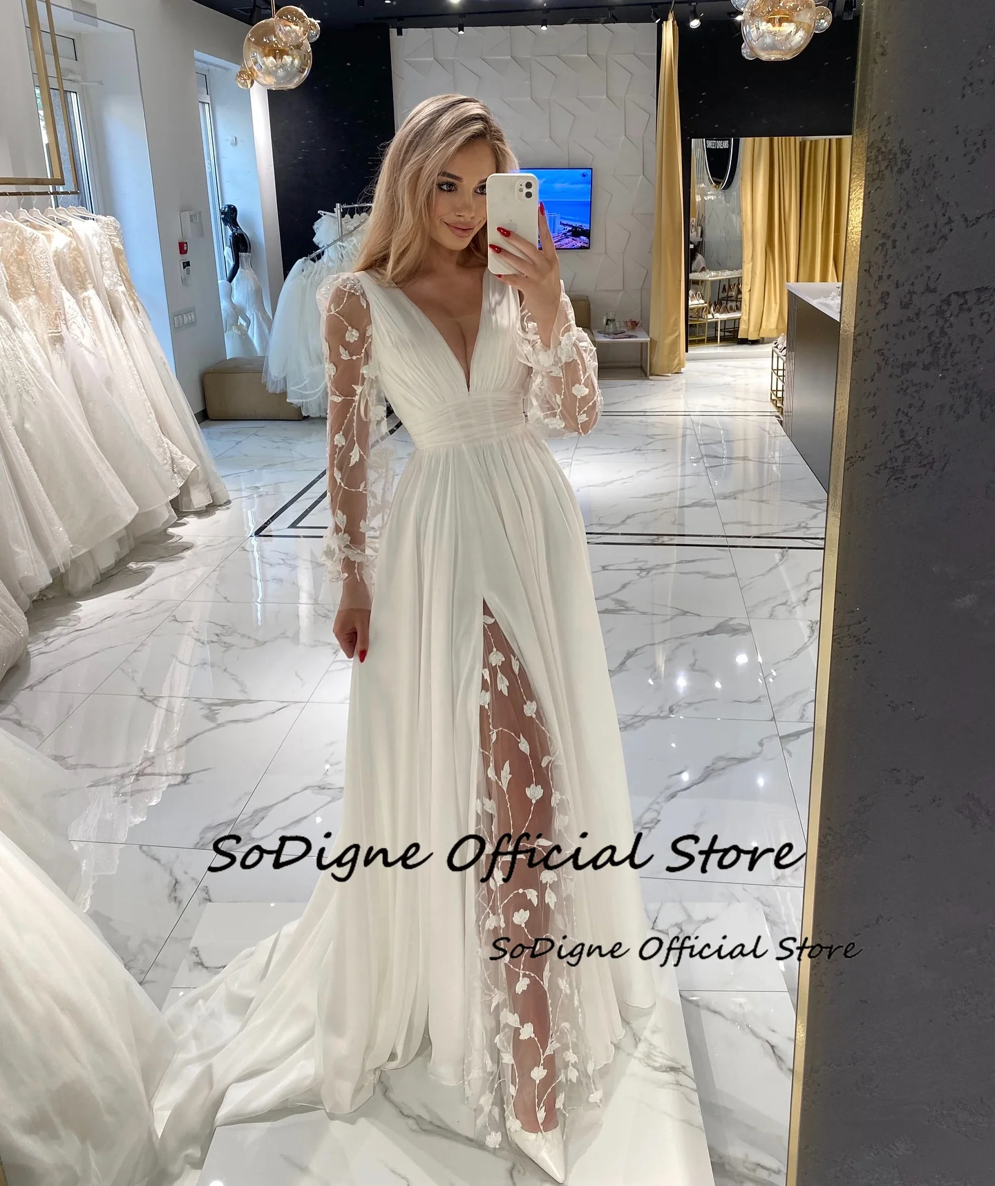 SoDigne a-line فساتين العروس الشيفون كم كامل على شكل حرف v زينة فستان الزفاف بوهو زي العرائس vestidos de novia مخصص #2