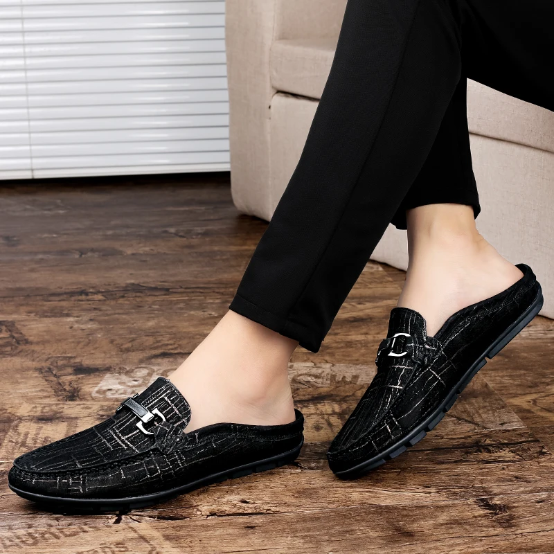 Summer Half Slippers Fashion Driving Shoes Men Shoes Genuine Leather Formal Loafers Slip on Shoes Metal Half Drag Cowhide Shoes