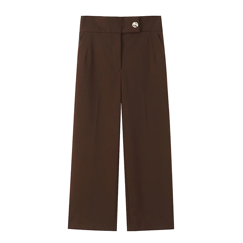 

YENKYE New 2026 Women High Waist Straight Pants Brown Office Trousers