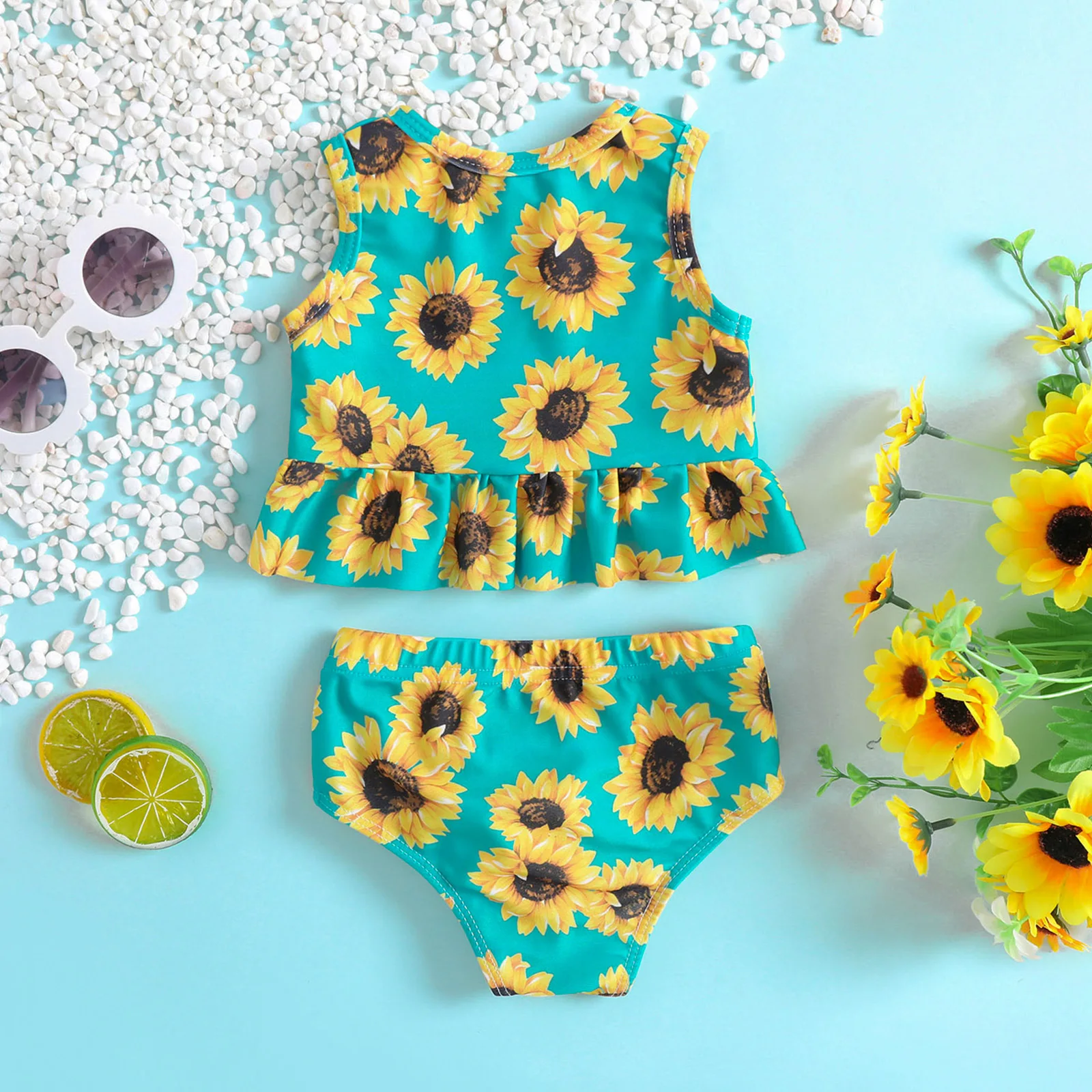 Summer Girls Two-piece Swimsuit Bikini Baby Sunflower Print Frill Sleeveless Tankini Sets Toddler Swimwear Vacation Beachwear