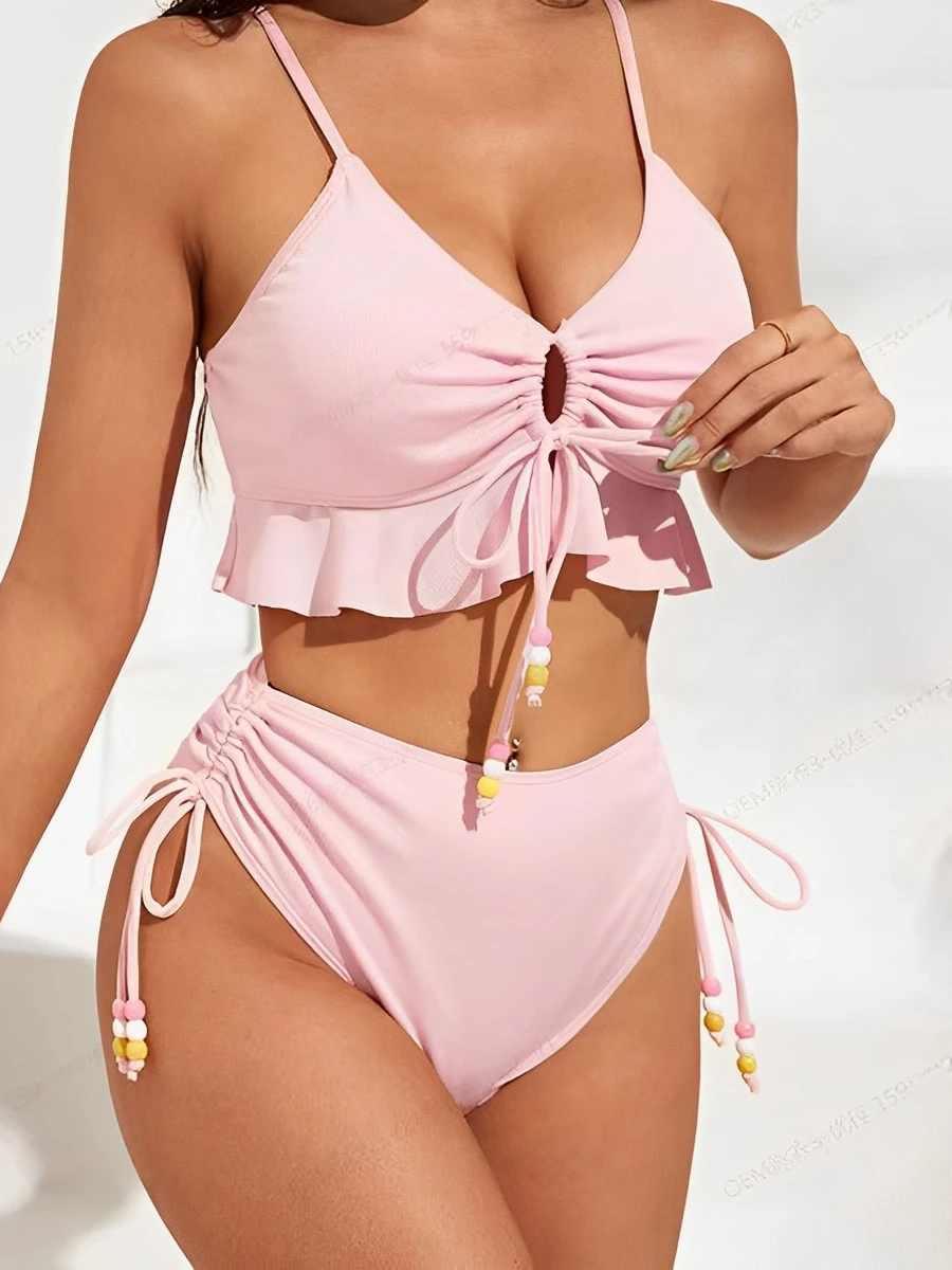 

2026 High Waist Bikini Women Drawstring Swimwear Female Ruffle Swimsuit Solid Bathers Bathing Swimming Swim Suit Beachwear